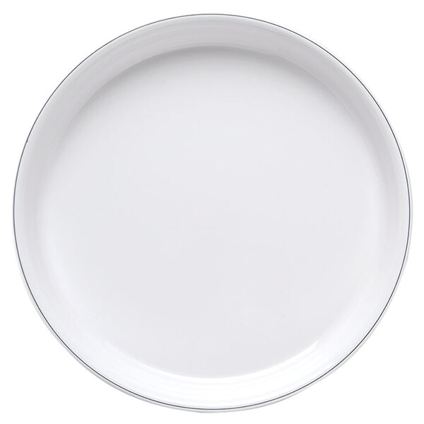 A white Elite Global Solutions round plate with black trim.