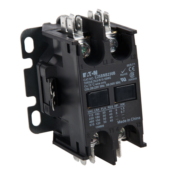 A close-up of a black Replacement Non-Reversing Contactor with two terminals.
