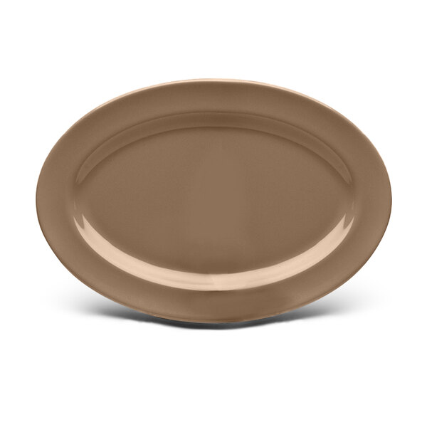 A brown oval platter with a white background.