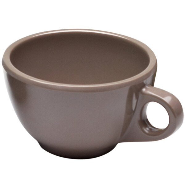 A brown Elite Global Solutions melamine coffee cup with a handle.