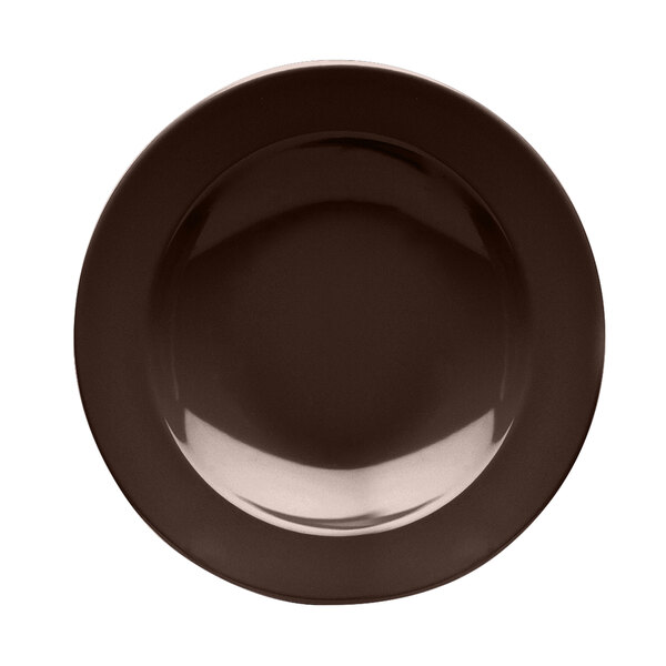 A brown Elite Global Solutions melamine pasta bowl with an aubergine background.