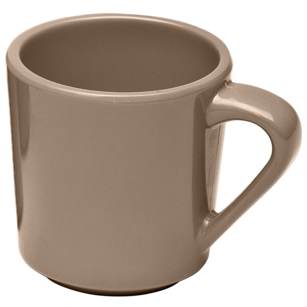 An Elite Global Solutions mushroom melamine mug with a handle on a white background.