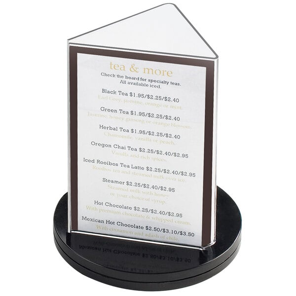 A white Cal-Mil triangle table menu holder on a stand.