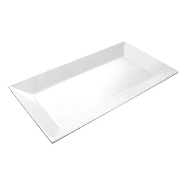 A white rectangular Elite Global Solutions melamine platter with a straight edge.