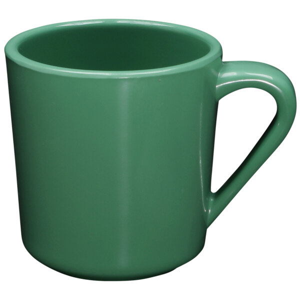 An Elite Global Solutions Rio Autumn Green melamine mug with a handle.