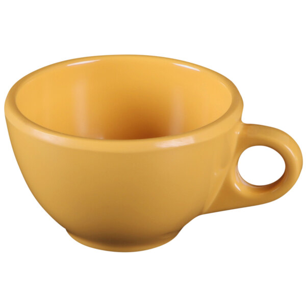 A yellow Elite Global Solutions melamine coffee cup with a handle.