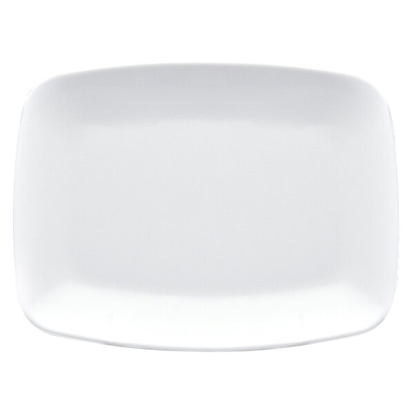 A white rectangular melamine platter with a curved edge.