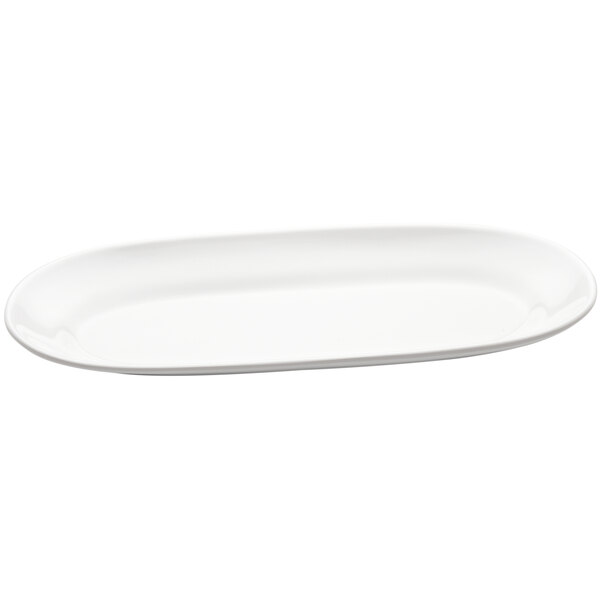 An Elite Global Solutions white melamine long oval platter with a handle.