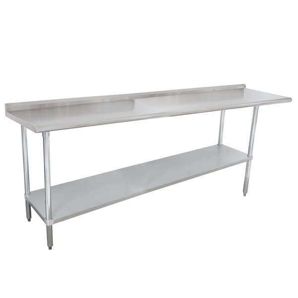A long stainless steel Advance Tabco work table with undershelf.