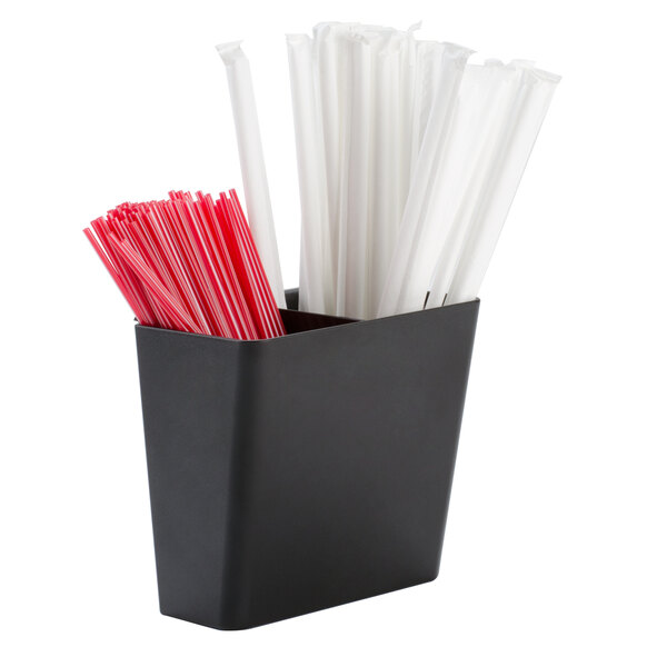 A black San Jamar container with straws in it.