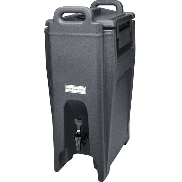 A black plastic Cambro insulated beverage dispenser with a handle.