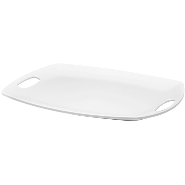 A white rectangular melamine tray with two handles.