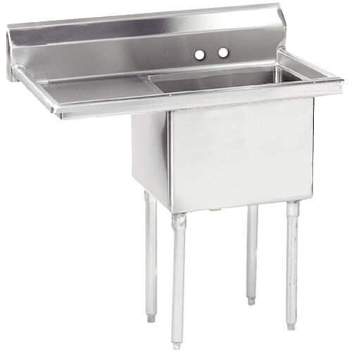A close-up of a stainless steel Advance Tabco commercial sink with a left drainboard.