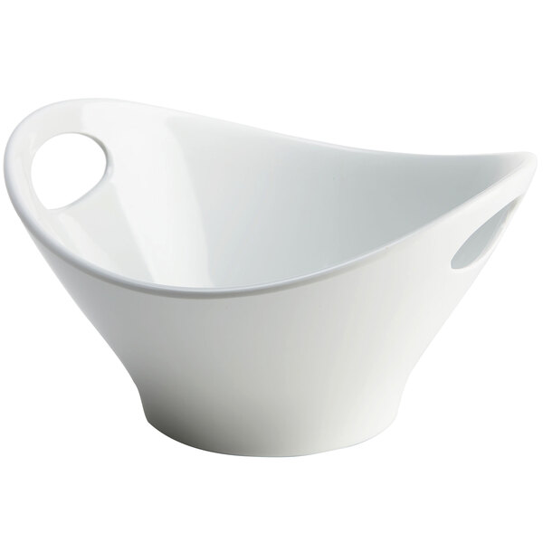 A white Elite Global Solutions oval bowl with handles.