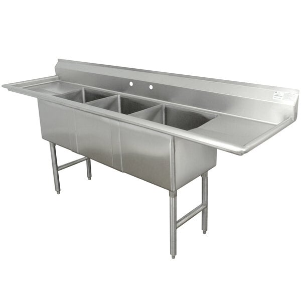 Advance Tabco FC-3-1620-36RL Three Compartment Stainless Steel Commercial Sink with Two Drainboards - 120" Long, 16" x 20" x 14" Compartments