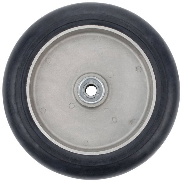 A black rubber wheel with a metal center and rim.