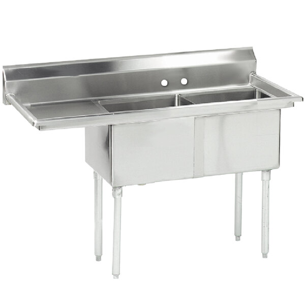 Advance Tabco FE-2-1812-18-X Two Compartment Stainless Steel Commercial Sink with One Drainboard - 56 1/2" - Left Drainboard