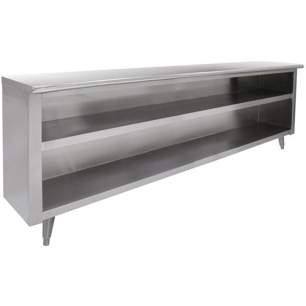 A stainless steel Advance Tabco dish cabinet on a counter with shelves.