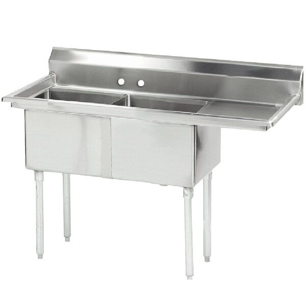 A stainless steel Advance Tabco two compartment sink with a right drainboard.