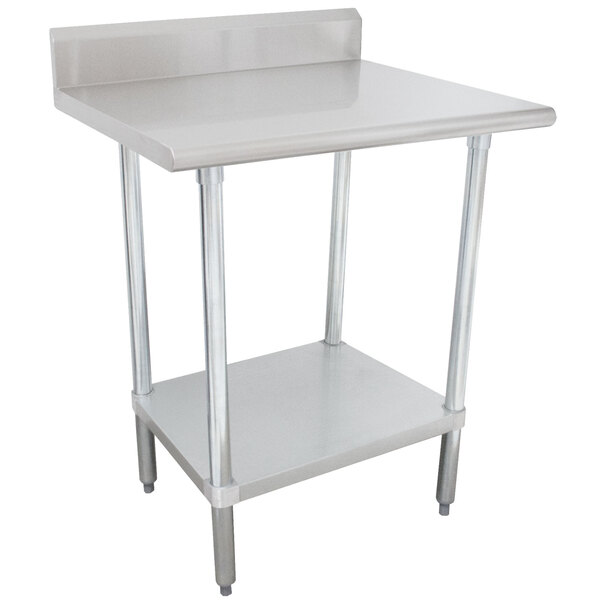 A stainless steel Advance Tabco work table with an adjustable undershelf.