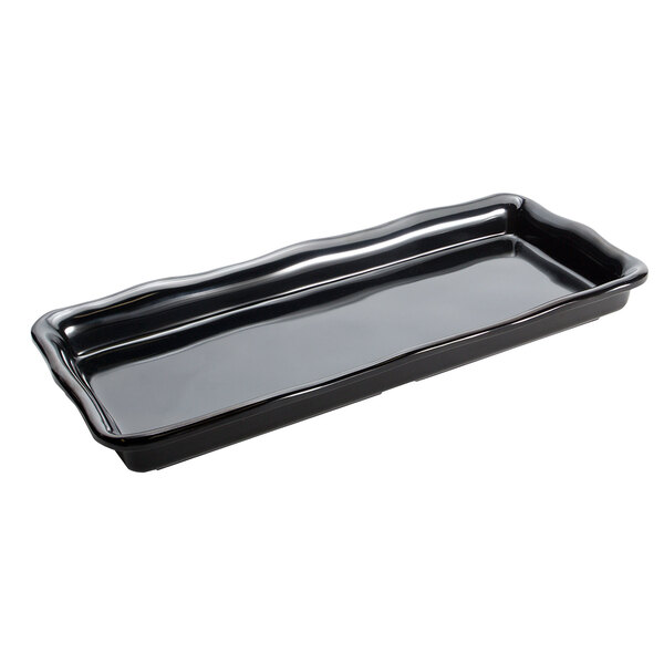 A black rectangular Elite Global Solutions tray with a scalloped edge.