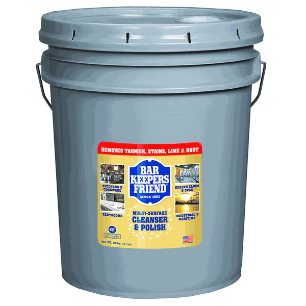 A bucket with a Bar Keepers Friend label on it containing Bar Keepers Friend All Purpose Cleaning Powder.
