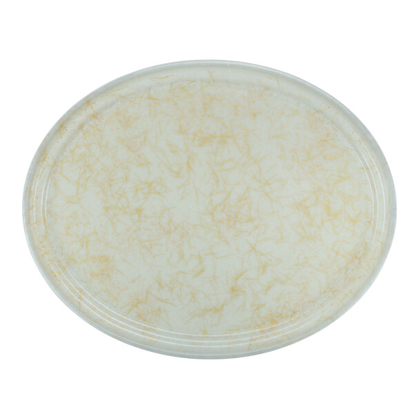 A white fiberglass Cambro oval tray with a brown speckled gold pattern.