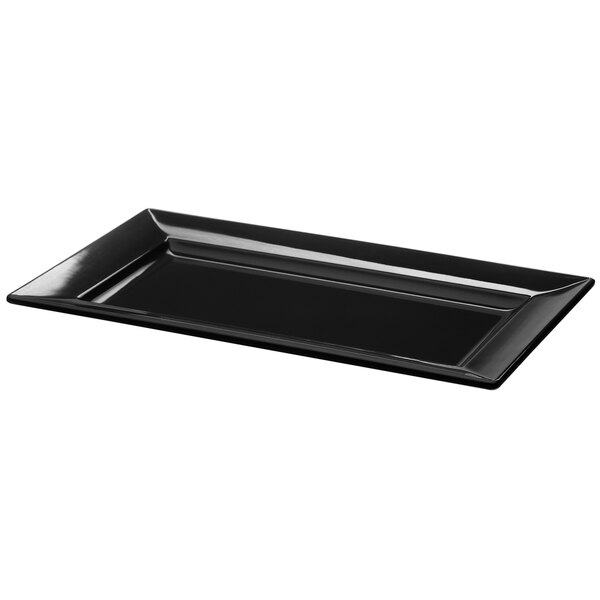 A black rectangular melamine tray with a black handle.