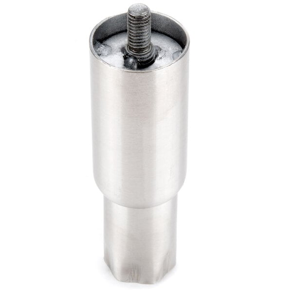 A metal cylinder with a silver screw in the middle.