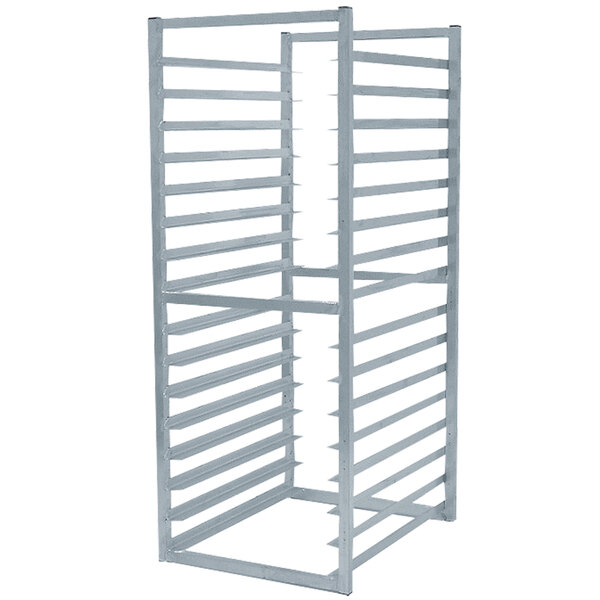 A white metal rack with metal bars for sheet pans.