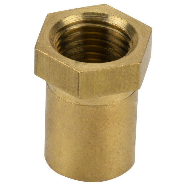 A brass hex nut with a gold nut in the middle.