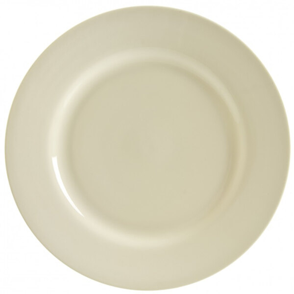 A close up of a white 10 Strawberry Street Royal Cream porcelain charger plate with a white rim.