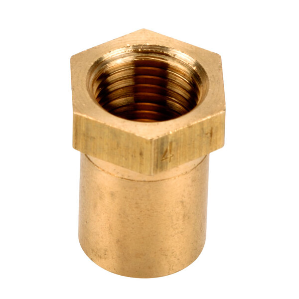 A brass nut with a circular metal piece on a white background.