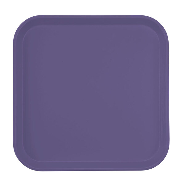 A purple square Cambro tray with a white surface and white text.