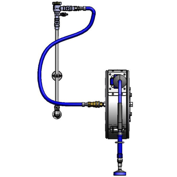 A T&S stainless steel hose reel with blue tubing connected to metal piping.