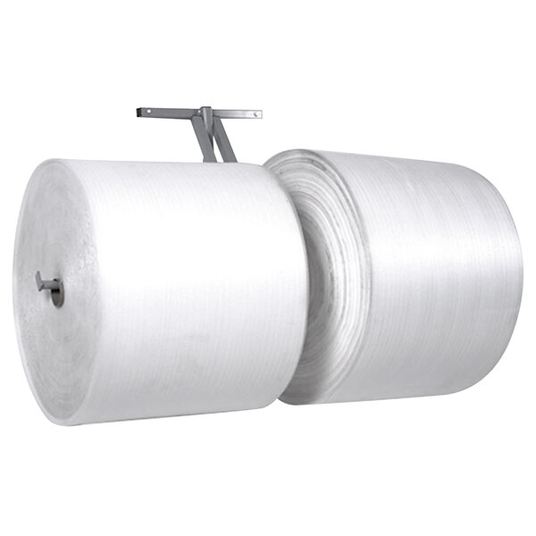 A close-up of a Bulman dual wall mount packaging holder with a roll of white paper on it.