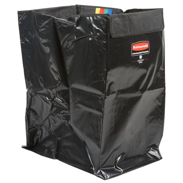 A black Rubbermaid replacement bag with a red label.