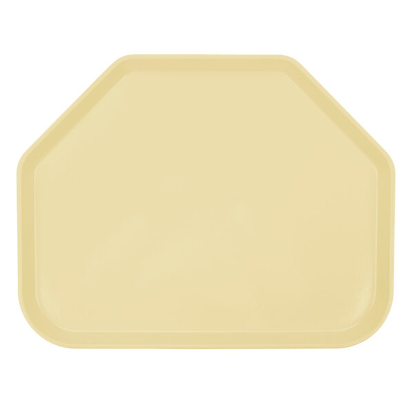 A white fiberglass trapezoid tray with a yellow border.