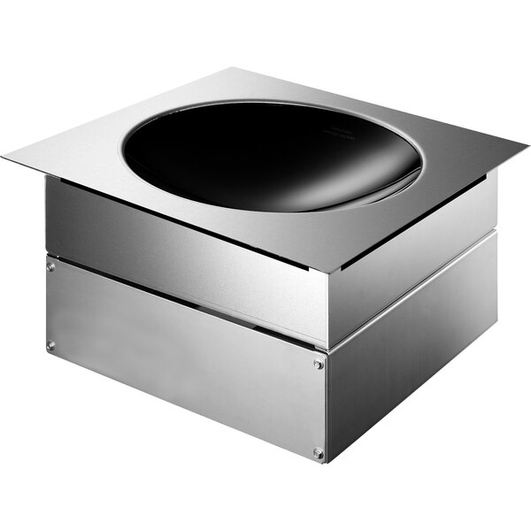 A silver box with a black circle containing a stainless steel bowl with a black lid.
