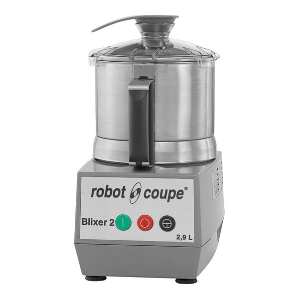 A silver Robot Coupe food processor with a lid.