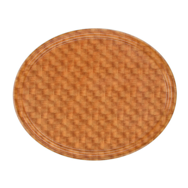 A brown oval Cambro tray with a white basketweave pattern.