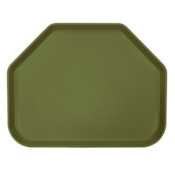 A green trapezoid-shaped Cambro tray.