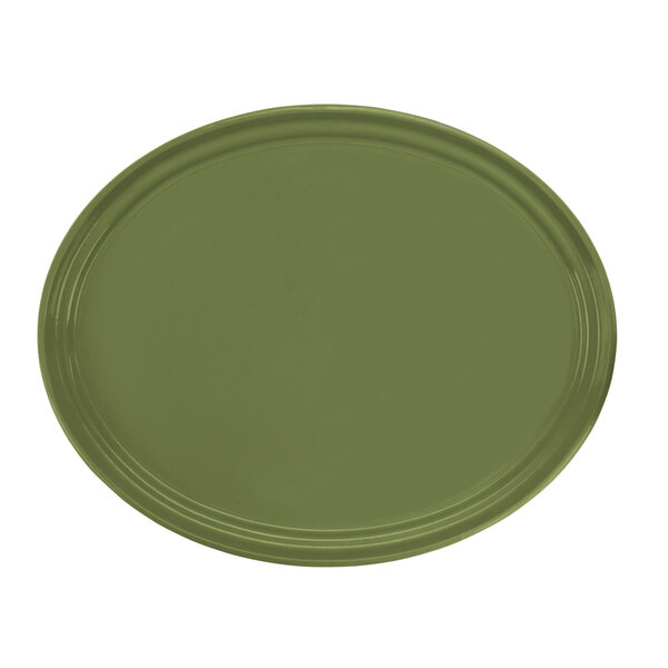 A green oval Cambro tray with a rim.