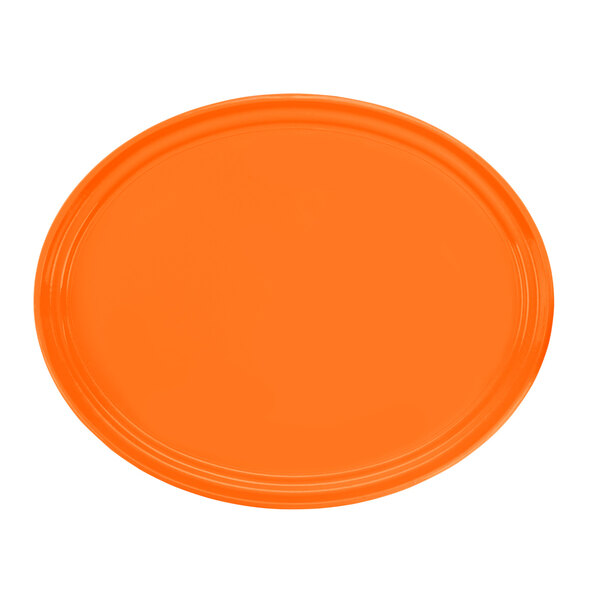 An orange oval Cambro tray with black lines.