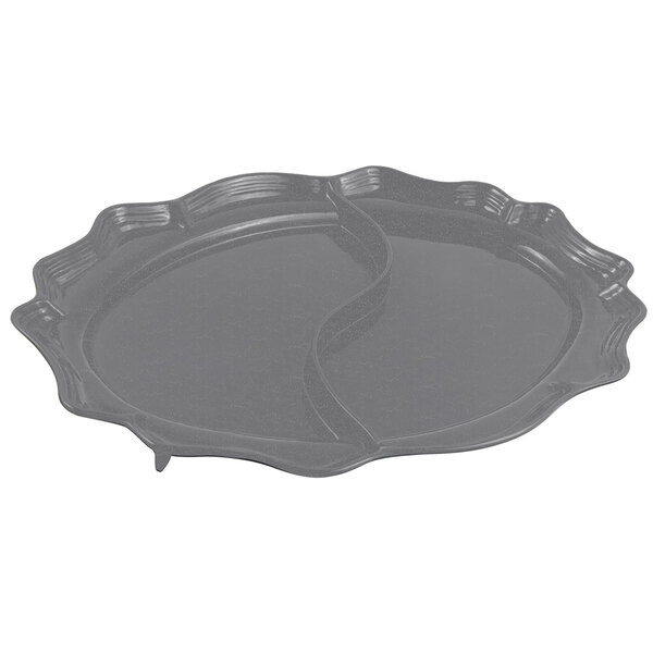A smoke gray Bon Chef divided oval platter with a curved design.