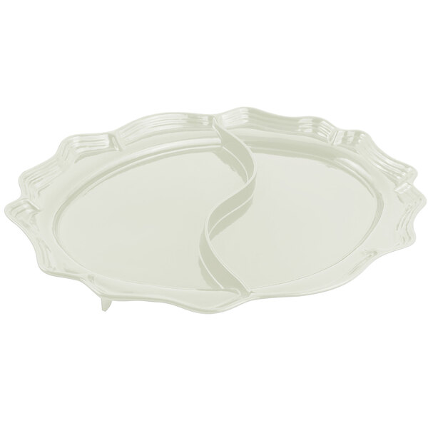 A white Bon Chef divided oval platter with a curved design and two handles.