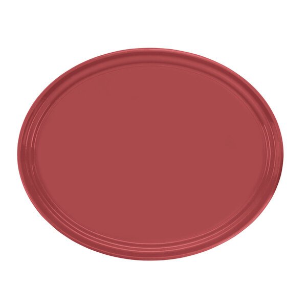 A raspberry cream oval Cambro tray with a red border.