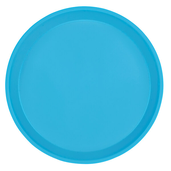 A close-up of a blue Cambro cafeteria tray with a white background.