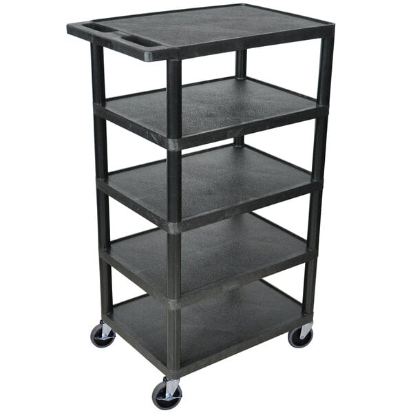 A black Luxor plastic utility cart with 5 flat shelves on wheels.