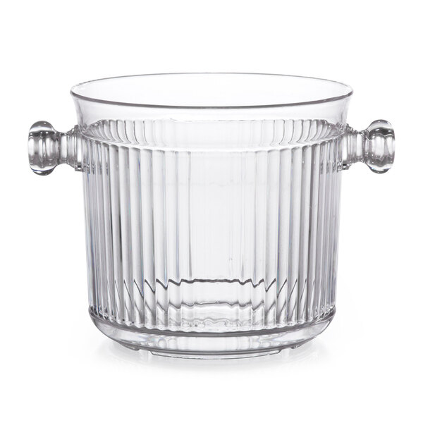 A clear glass ice bucket with handles.